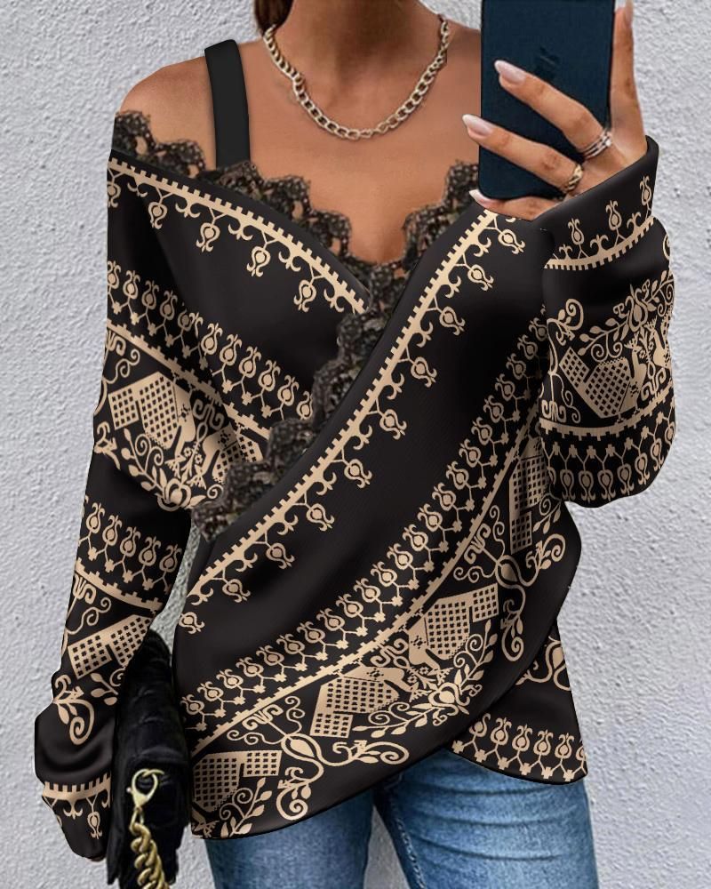 Top a maniche lunghe stampati con cuciture in pizzo moda abbigliamento donna_voghion.com