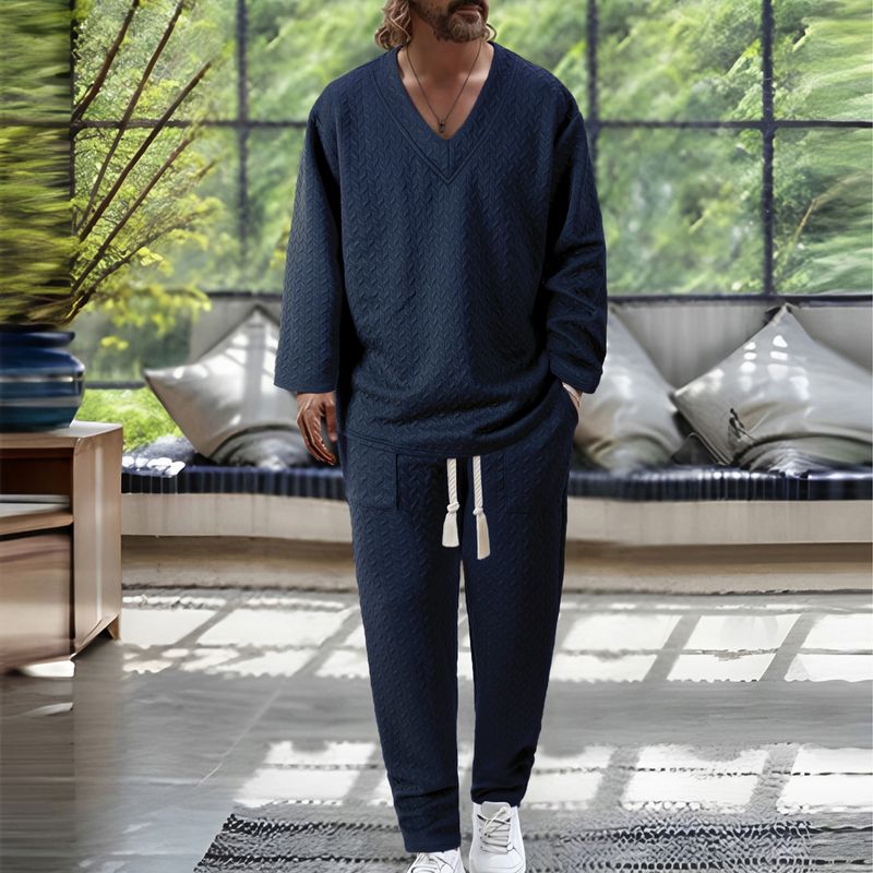 Europäischer und amerikanischer Herbst-Casual-Herren-Struktur-Volltonfarbe-Pullover mit V-Ausschnitt und kurzen Ärmeln, Kordelzug, Hosenanzug_voghion.com