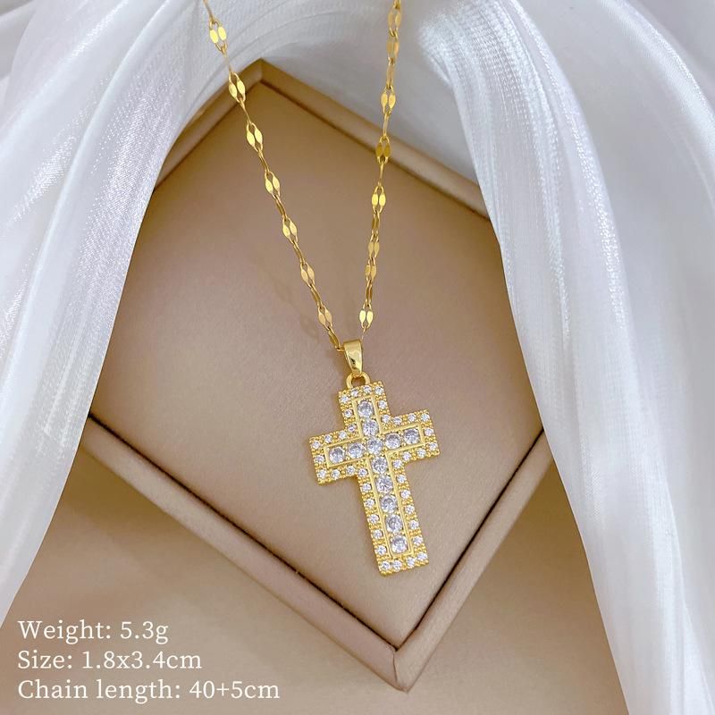 Collana con ciondolo a croce sacra in zircone lucido alla moda per donna, catena in acciaio inossidabile, amuleto, girocollo, gioielli_voghion.com