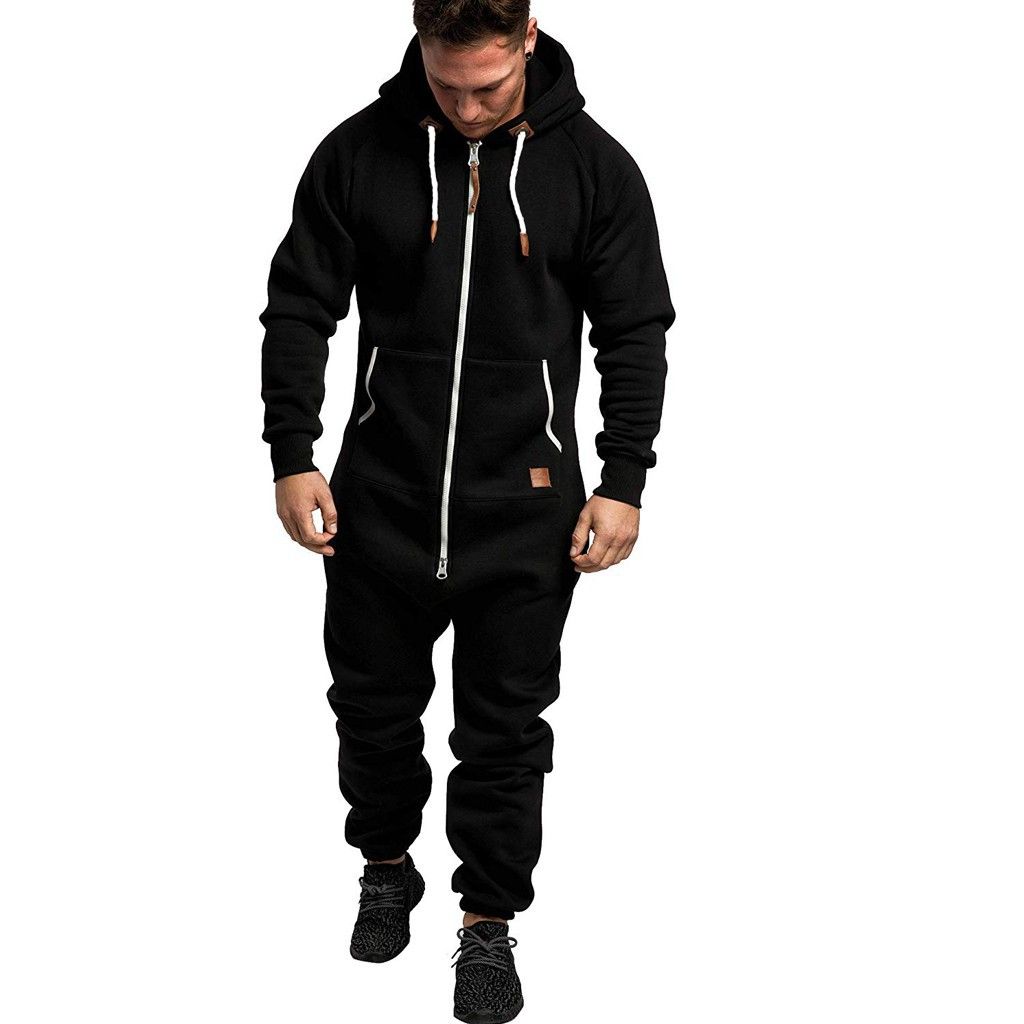 New men's hooded fleece jumpsuit in solid with color blocking casual suit for men_voghion.com