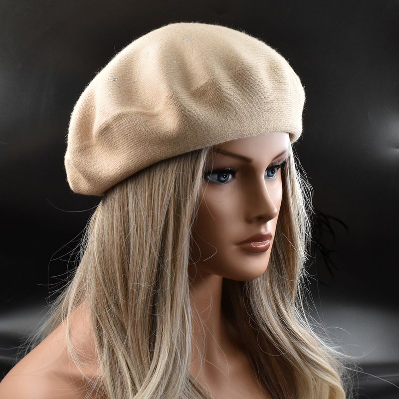 Hot Sale new Women's Hat Fashion Solid Color Wool Knitted Berets With Rhinestones Ladies Beanie Beret Black wine red cap female_voghion.com