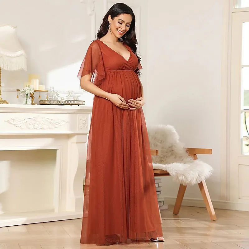 Evening Dress Maternity Dress Cross Border Foreign Trade European And American V Neck Dress Evening Dress Long Short Sleeved V Neck Tulle Dress Dress_voghion.com