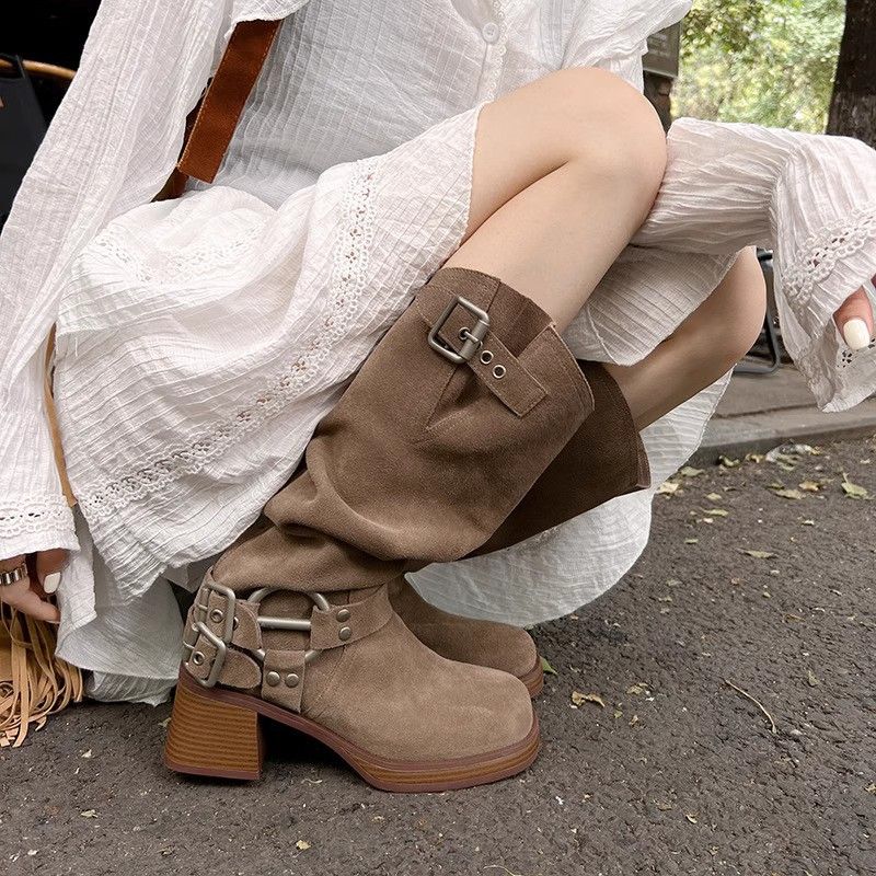 Belt buckle pile up for women 2024 soled thick heeled Western cowboy American matte knight Martin boots_voghion.com