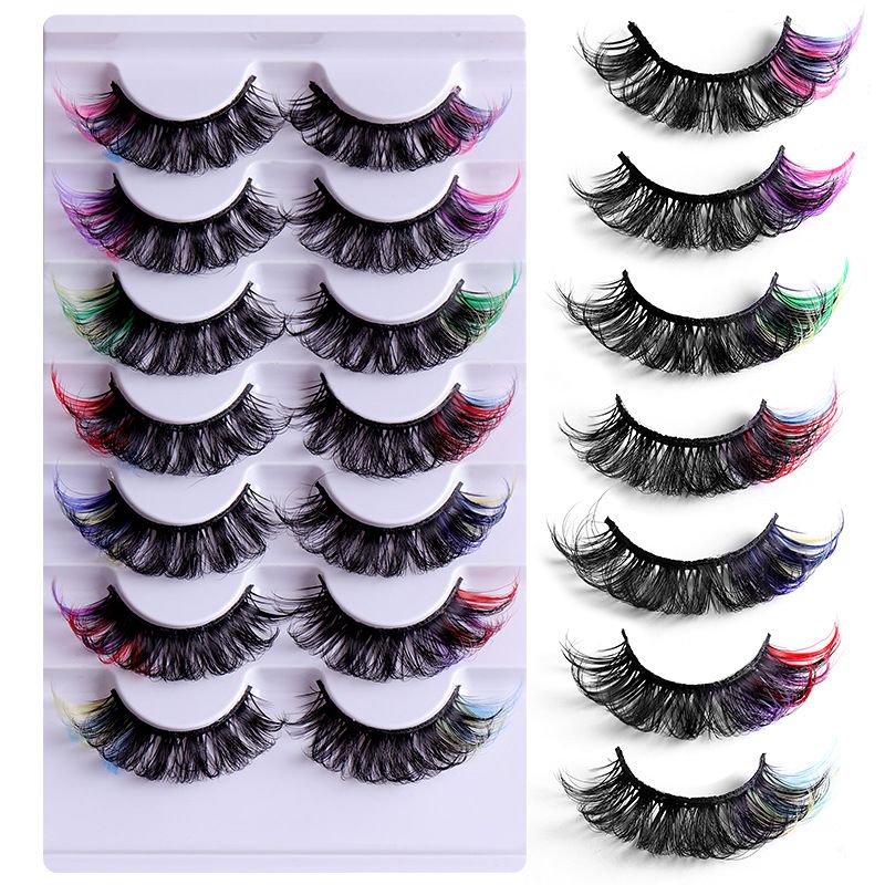 7 - Pair Set Of Colored Faux Mink False Eyelashes - Natural, Multi - Layered, Stereoscopic & Dense_voghion.com
