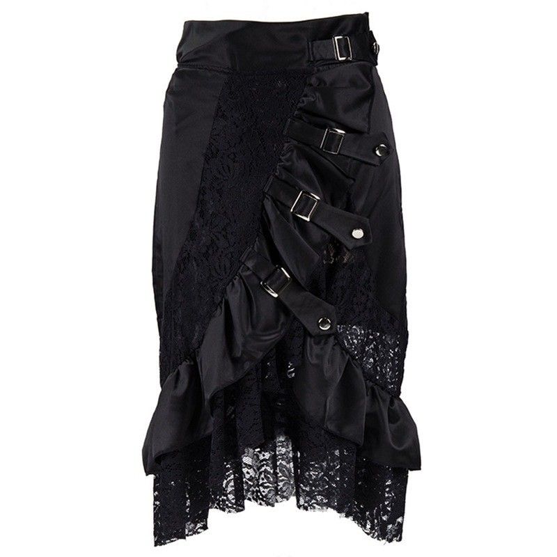 Rock Gothic Vier in Eins Knopf Geteilter Vielseitiger Schwarzer Spitzenrand Hohe Taille Unregelmäßiger Halbrock_voghion.com