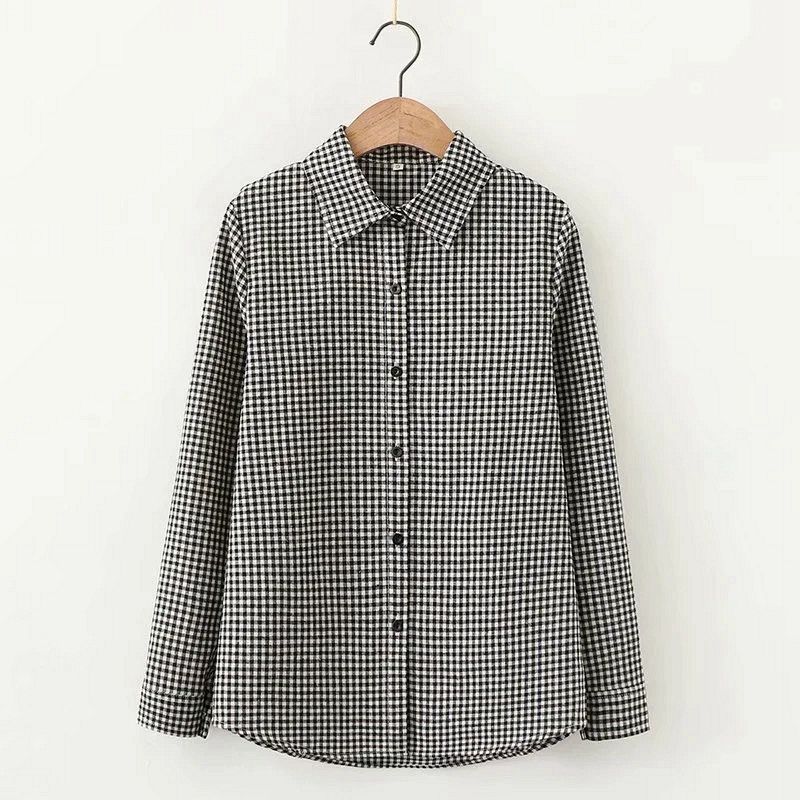 Retro Small Plaid Loose Cotton Shirt Long Sleeve Artsy_voghion.com