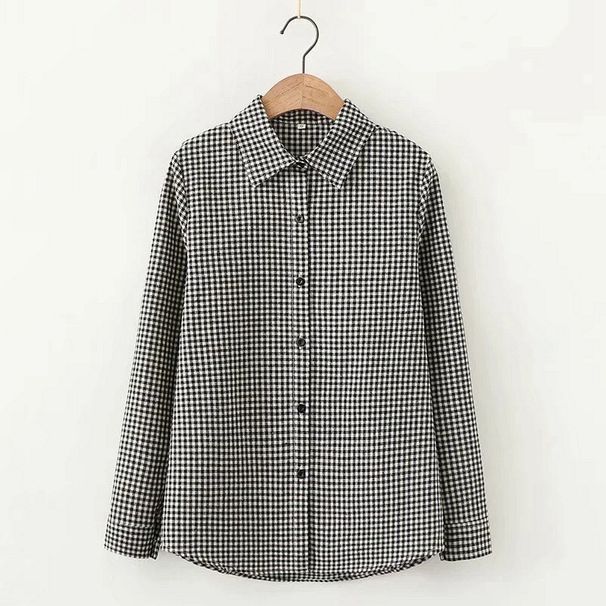 Retro Small Plaid Loose Cotton Shirt Long Sleeve Artsy_voghion.com