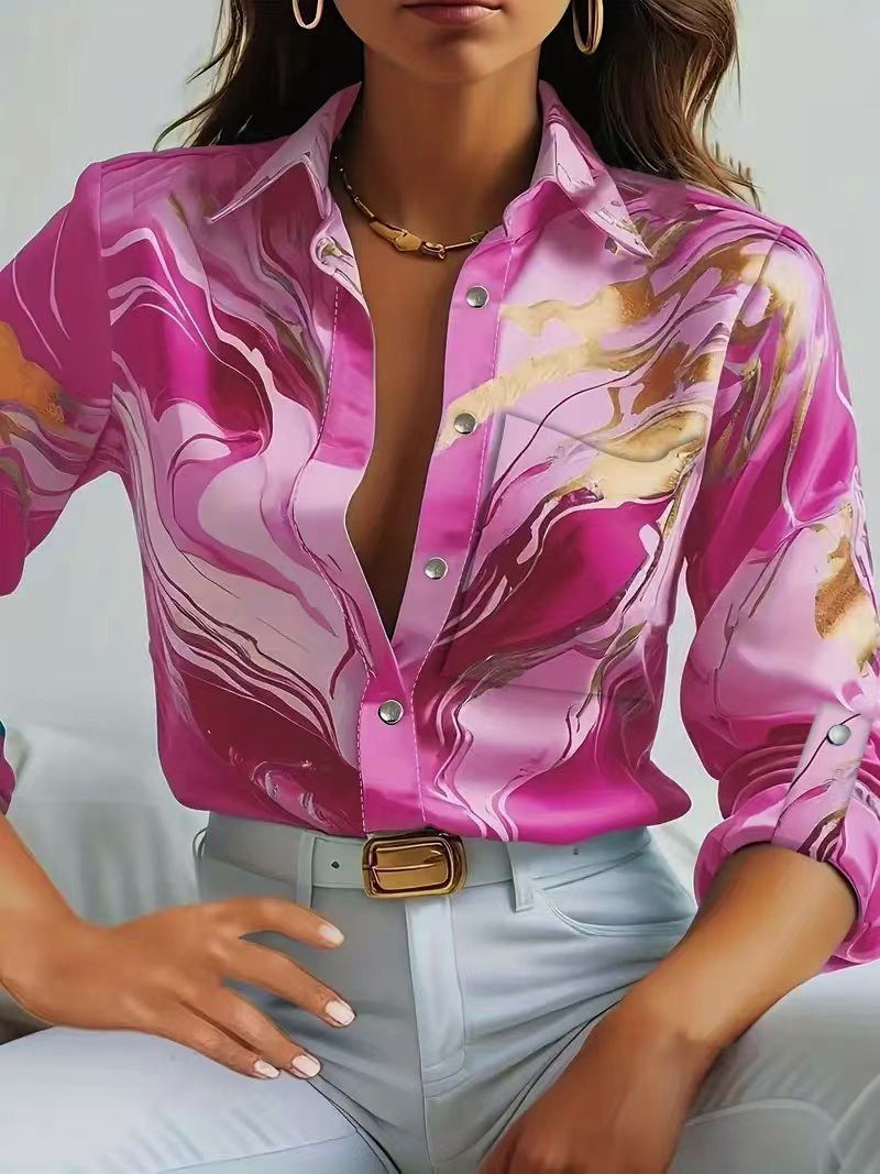 Neue Herbstmode Casual Loose Button Langarm bedrucktes Hemd für Frauen_voghion.com