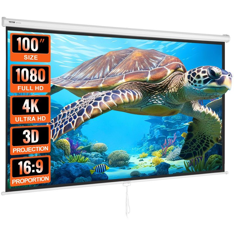 VEVOR Manual Projector Screen, 100 Inch 16:9 4K 1080 HD Retractable Pull Down Projector Screen, Auto-Locking Portable Movie Screen For Family Home Office Theater_voghion.com