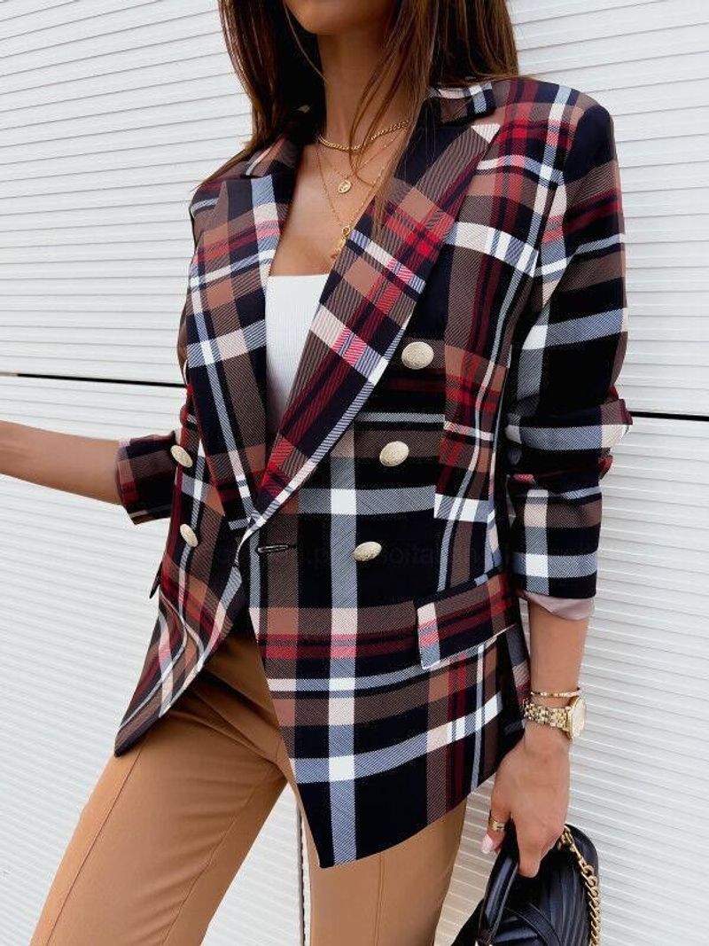 Women's long-sleeved double-breasted fashion printed jacket casual small suit_voghion.com