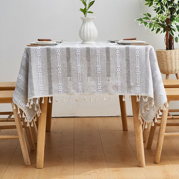 French Striped Linen Tablecloth – Slip-Resistant Rectangular Cotton Table Cover For Dining & Coffee Tables (Grey Geometric Pattern)_voghion.com