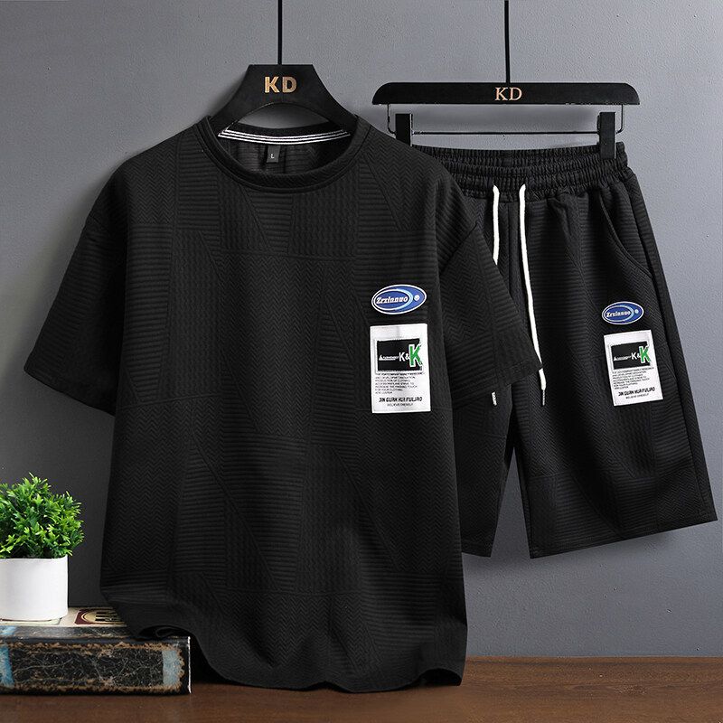 Men's Clothing Waffle Youth Short Sleeved Casual Sports Suit Loose Large Size Trendy Handsome Shorts Two Piece Suit_voghion.com