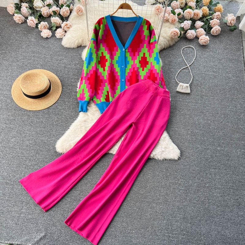Ensemble tricoté de couleur contrastée pour femme, cardigan pull jacquard à col en V rétro + pantalon décontracté à jambe large, ensemble deux pièces_voghion.com