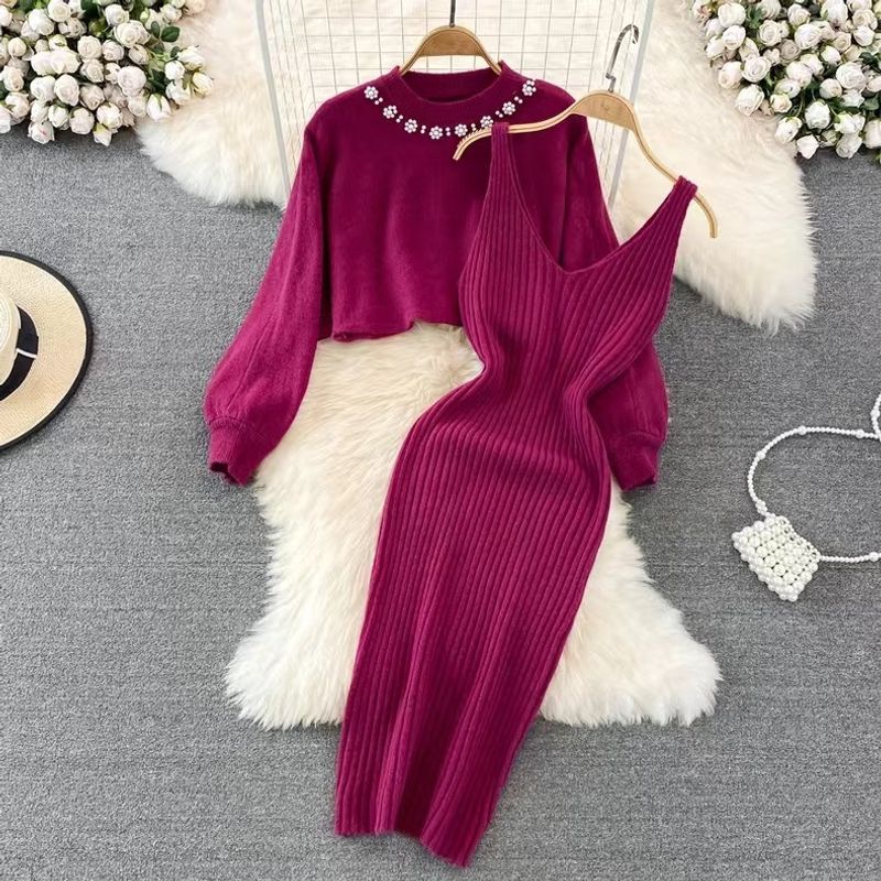Damen-Rundhalsausschnitt, hohe Taille, kurze Puffärmel, Pullover, Hosenträgerrock, zweiteiliges Set_voghion.com