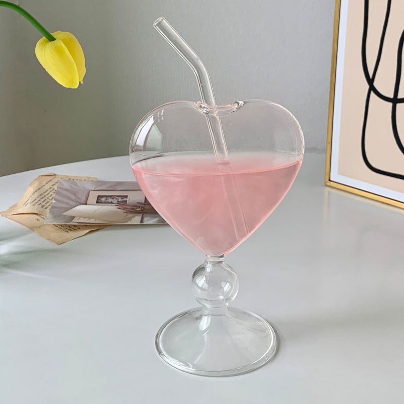 Ins Style High-Value Heart With Straw Glass Drinking Summer Beverage Juice Cocktail Coffee Cup_voghion.com