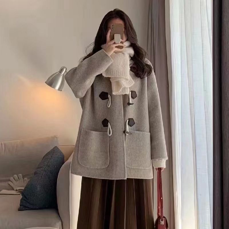 Mantello con cappuccio delicato autunno e inverno, stile coreano bassa statura, cappotto di lana con bottoni in corno di mucca per le donne_voghion.com