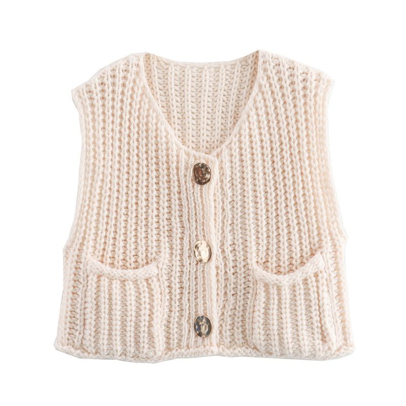 Vêtements pour femmes automne 2024 et hiver nouveau produit poche à col en V trois boutons sans manches cardigan gilet kitted pour_voghion.com