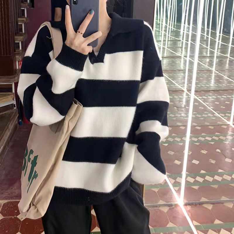 Cappotto da donna con collo a polo e righe, autunno/inverno 2024, nuova versione coreana, stile ampio e pigro, maniche lunghe_voghion.com
