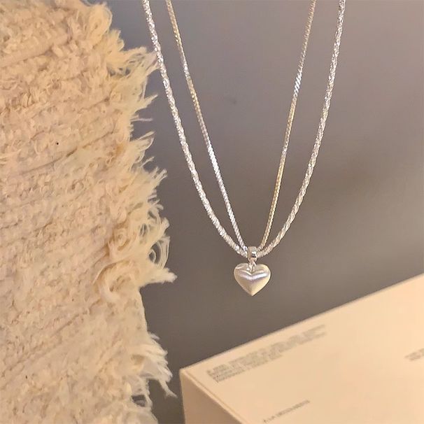 Collana scintillante a doppio strato con cuore spazzolato per donna con un tocco di alta qualità, lusso leggero, collana di nicchia, squisita_voghion.com