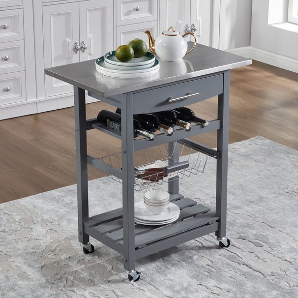 Mobile Rolling Kitchen Island Trolley Serving Cart With Underneath Drawer & Slide-Out Wire Storage Basket_voghion.com