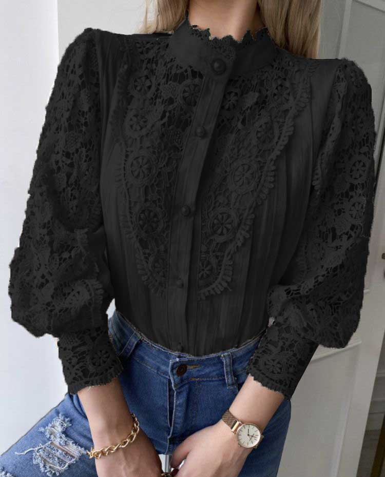 Camicia da donna a maniche lunghe con colletto rialzato sexy in pizzo da donna_voghion.com
