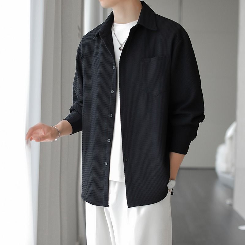 Herrenbekleidung Langarm Eisseide Casual Herren Schwarzes Hemd Langarm Schwere Streetwear Slim Fit Eisseide Casual Top Für Frühling & Herbst_voghion.com