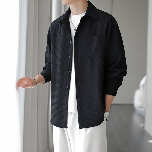 Herrenbekleidung Langarm Eisseide Casual Herren Schwarzes Hemd Langarm Schwere Streetwear Slim Fit Eisseide Casual Top Für Frühling & Herbst_voghion.com