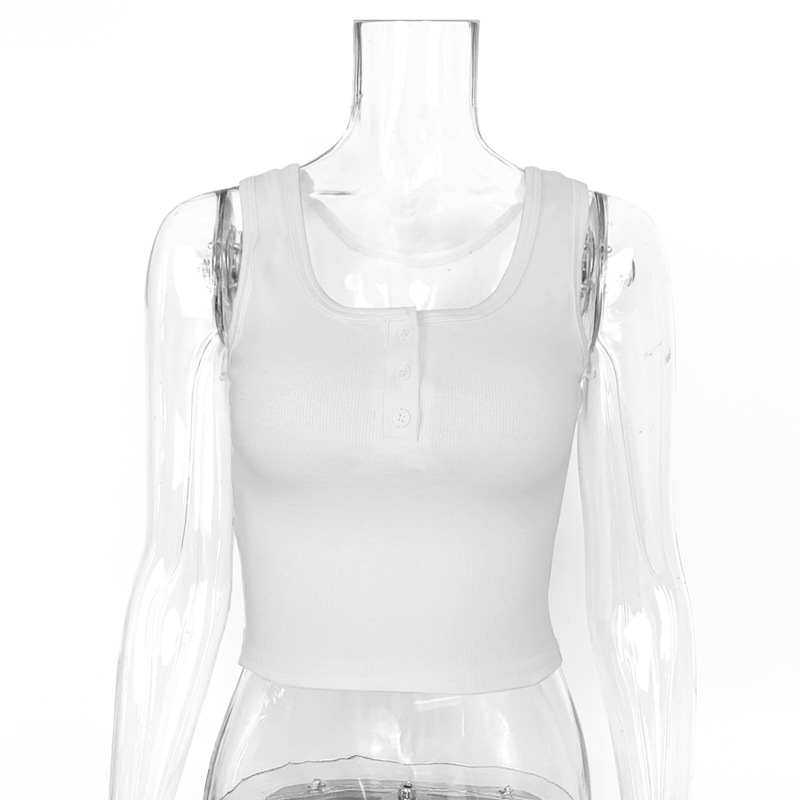 Canotta da donna con ombelico corto esposto, slim, senza maniche, in cotone, casual, con scollo a U e bottoni_voghion.com