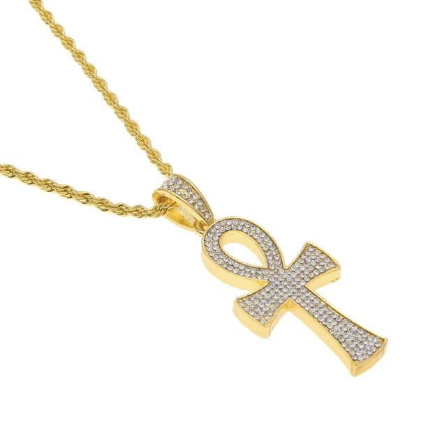 Halskette mit ägyptischem Ankh-Schlüsselanhänger für Herren und Damen mit gedrehter Kette, galvanisierte Legierung, geometrisches Design, Unisex-Modeaccessoire_voghion.com