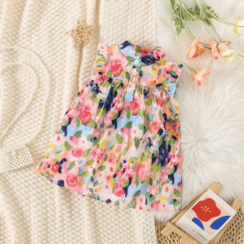 Summer Neie Baby Meedercher Kleed Spëtzeplécke A-Linn Rock Knäppercher voller gedréckte Blummen Ruffled V-Hals Séiss Prinzessin Kleed_voghion.com