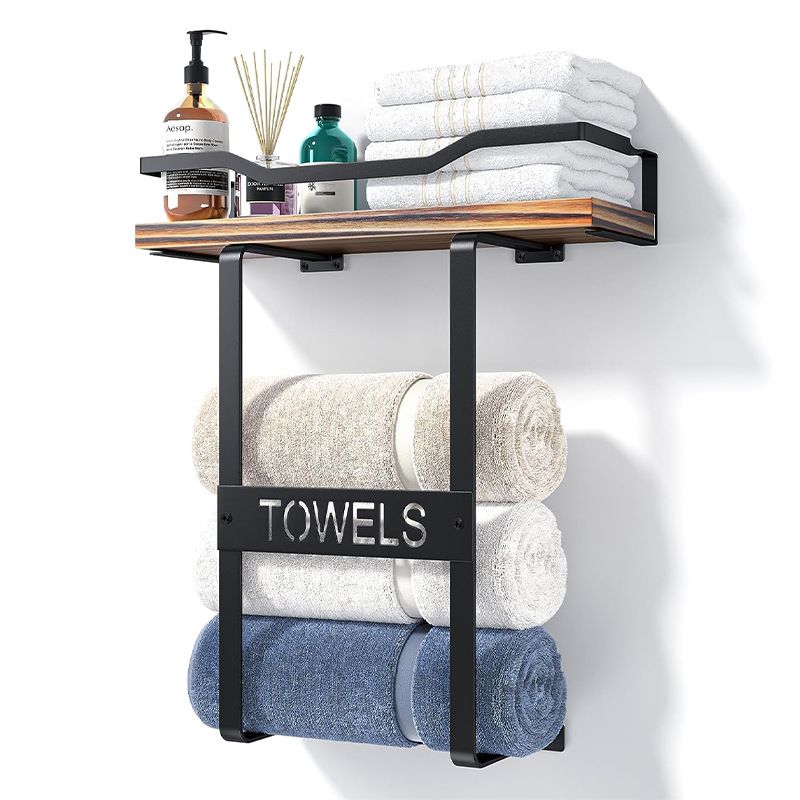 Handduksställ för badrum i hotellbadrum, badrum, sovrum, badhandduksförvaringsställ, väggmonterat järn, svart förvaringsställ med träskiva_voghion.com