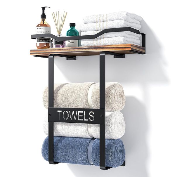 Handduksställ för badrum i hotellbadrum, badrum, sovrum, badhandduksförvaringsställ, väggmonterat järn, svart förvaringsställ med träskiva_voghion.com