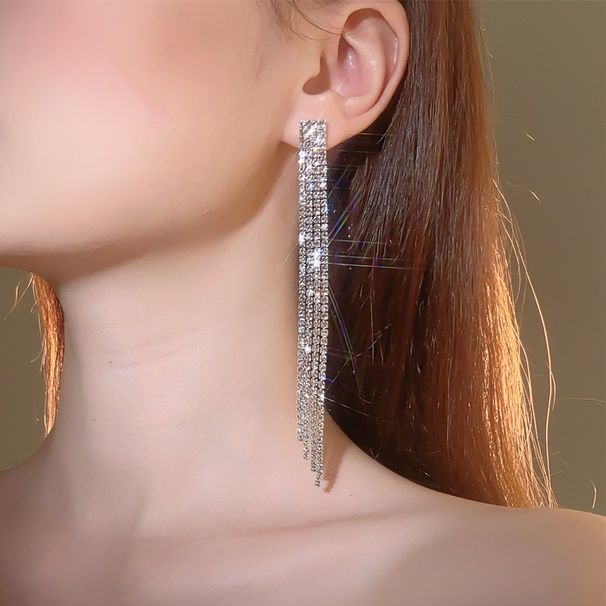 Orecchini a forma di catena con strass, di lusso, super flash, con diamanti, lunghi e nappe, orecchini temperamento_voghion.com
