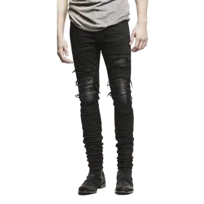 Herenkleding Zwart leer Gerimpelde motorjeans Heren gescheurde jeans High Street broek Heren strak elastisch slim lang_voghion.com