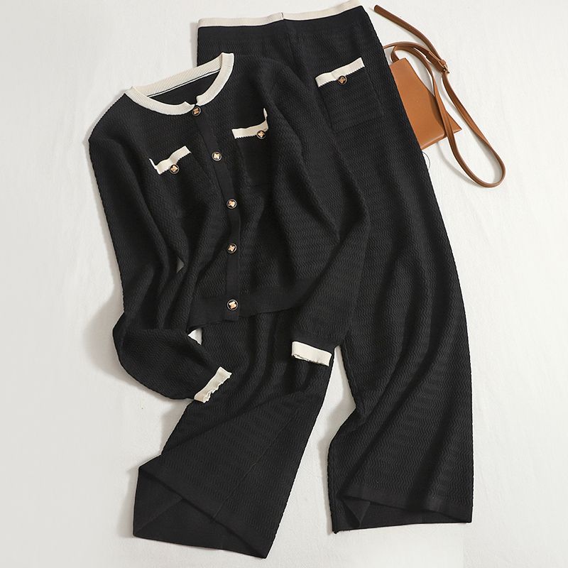 Damenbekleidung Modeanzug für Damen Herbst und Winter neue farblich passende schlanke Pullover hohe Taille weite Beinhose Hose zweiteiliger Anzug_voghion.com