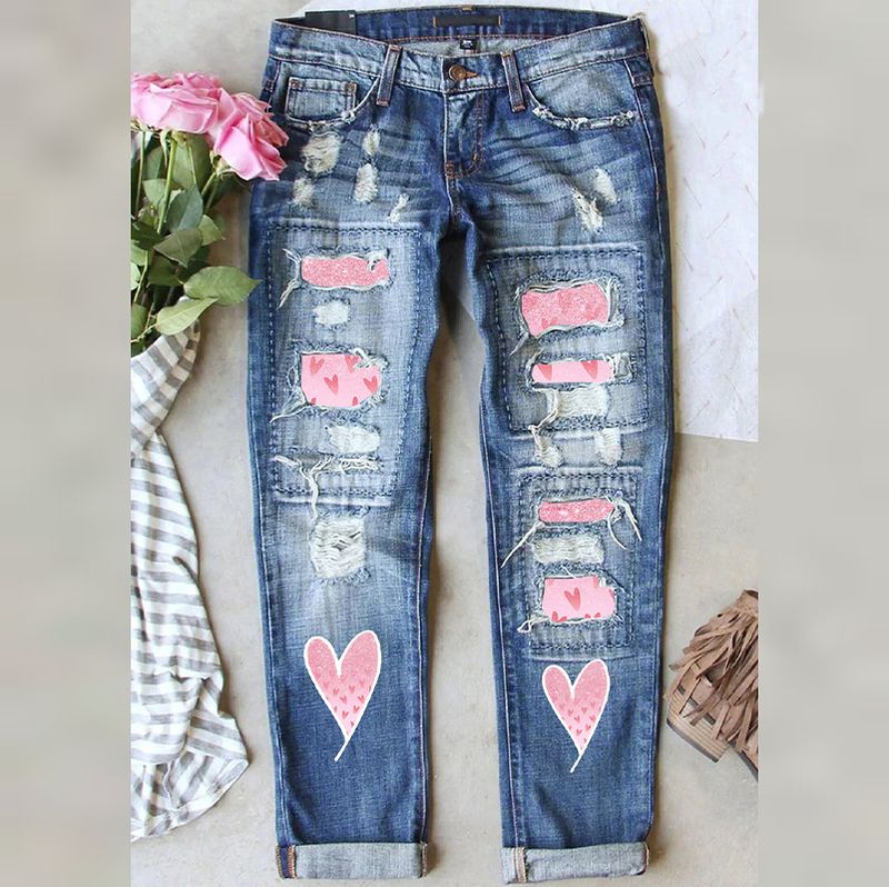 Women's clothing Women's Valentine's Day Elements Women's Denim Print Loose High Waist Pocket Straight Pants_voghion.com