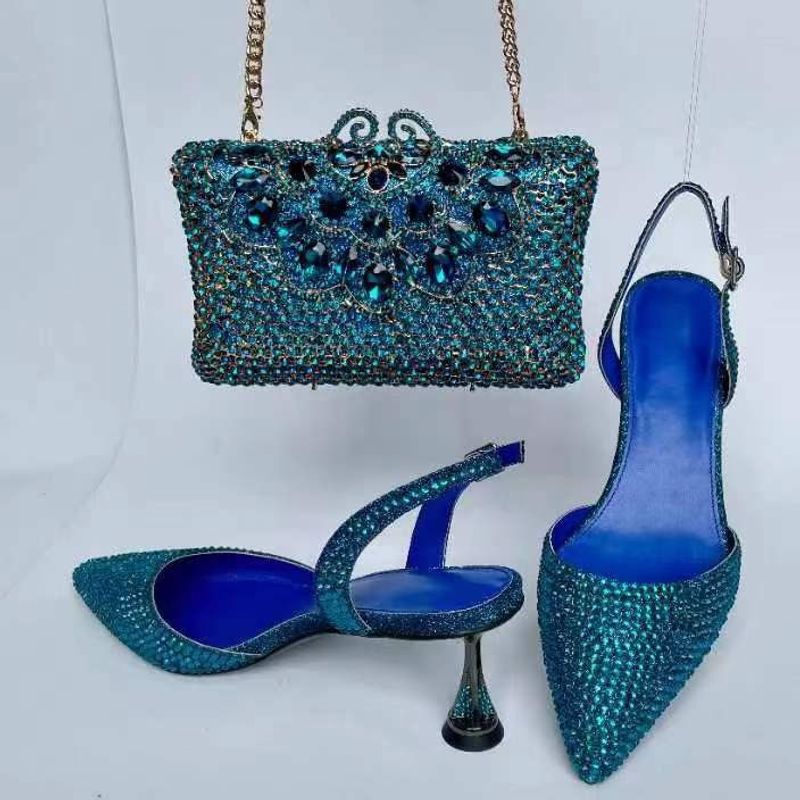 Evening Match With Sparkling Diamond Embellished High Heeled Sandals And Imitation Drawstring Jewel Handbag Set Shoes And Bag_voghion.com