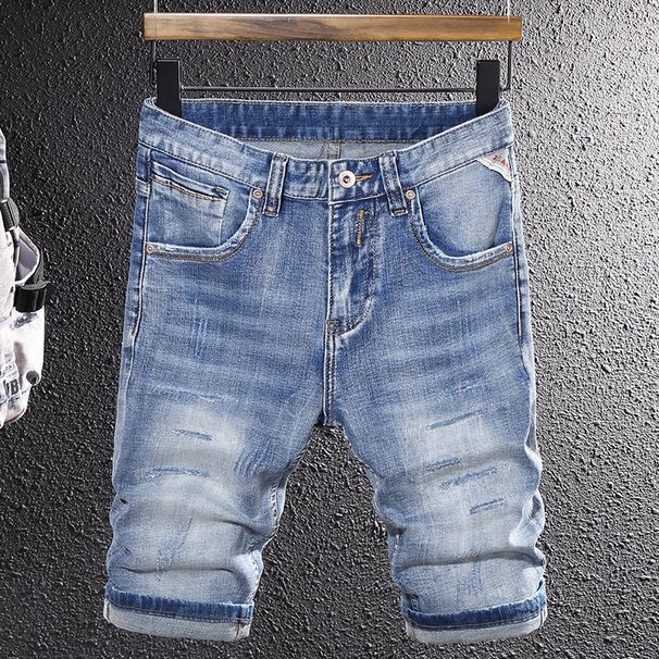 Schlichter Trend Hellblauer zerrissener Denim-Shorts für Herren Mode Vielseitige Casual Stretch-Shorts Herren Mittellange Hose_voghion.com