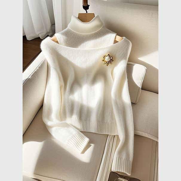 Women's Clothing High End And Beautiful White Turtleneck Sweater For Women Winter Soft And Lazy Style Inner Wear Base Knitted Top_voghion.com