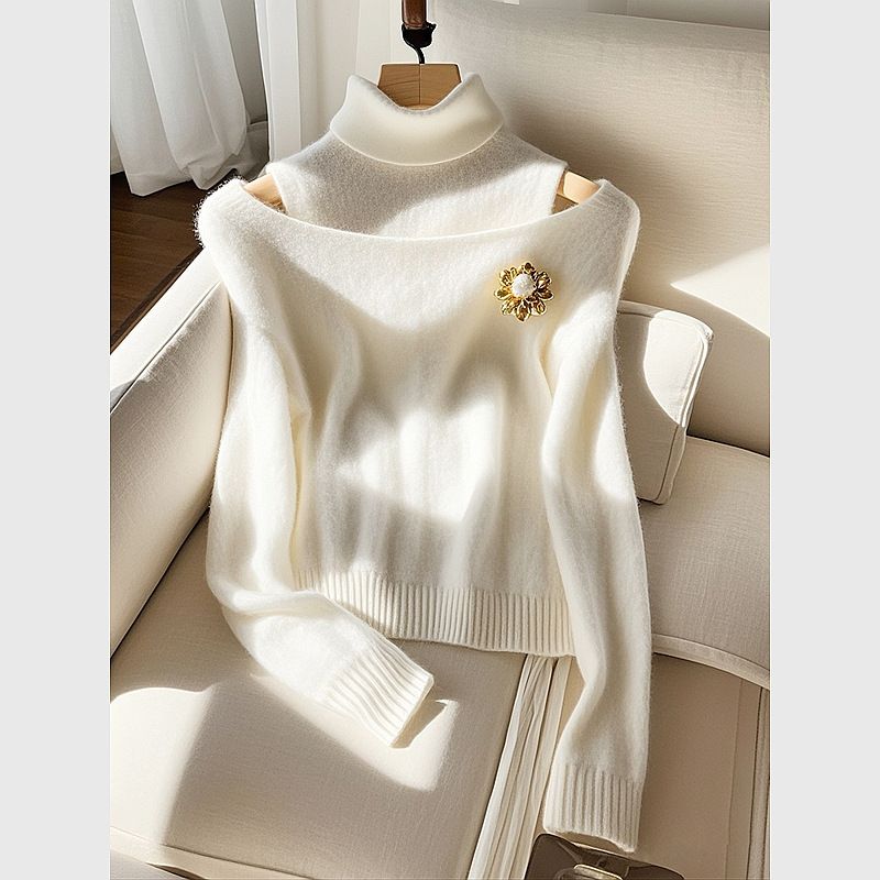 Women's Clothing High end and beautiful white turtleneck sweater winter soft and lazy style inner wear base knitted top_voghion.com