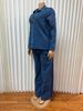 K New Women's Denim Suit With Long Sleeves, Collar And Pockets On The Top; Belted Straight-leg Trousers In Two Pieces._voghion.com