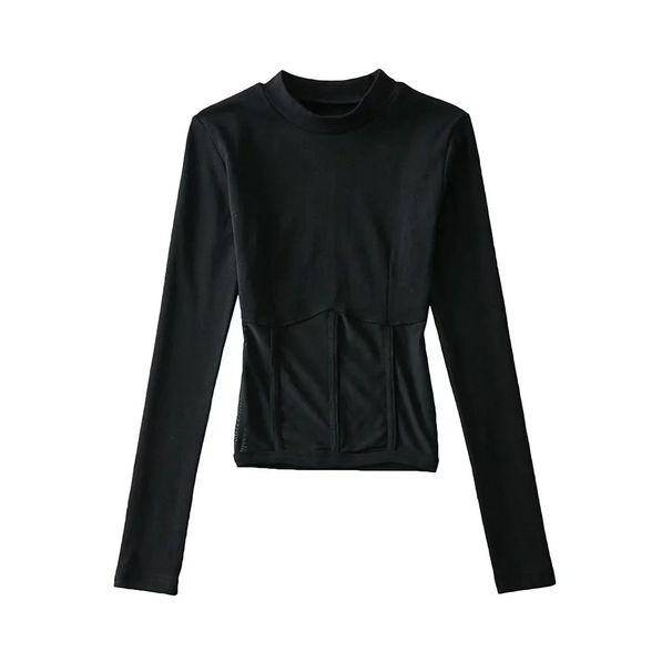 AliExpress Amazon 2022 ανοιξιάτικο νέο μακρυμάνικο μπλουζάκι με ραφές μαύρου πλέγματος για γυναίκες_voghion.com