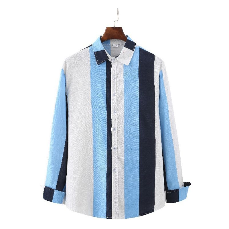 Herren Leinen Langarm Casual Plus Size Streifenhemd Slim Fit Hemd_voghion.com