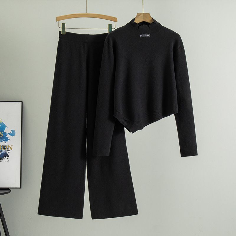 Women's Clothing Fashion Knitted Suit Irregular Turtleneck Sweater Casual Wide Leg Pants Two Piece Suit For Women_voghion.com
