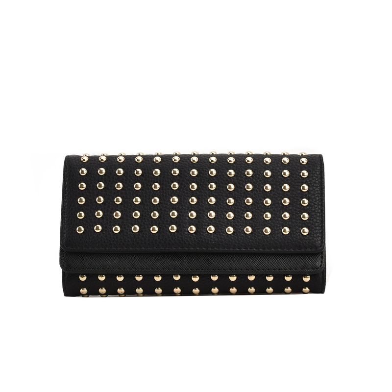 Bolso de mano de tres pliegues con remaches de moda para mujer, monedero largo con cremallera, tarjetero de gran capacidad_voghion.com
