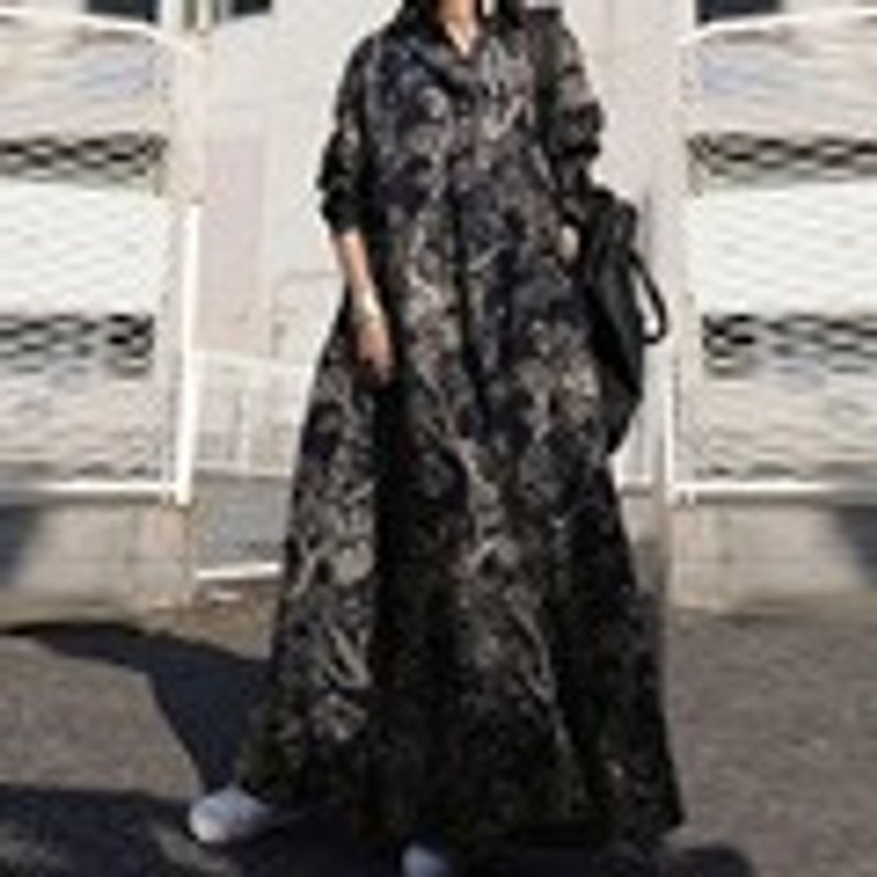 Abbigliamento casual da donna Taglie forti Abbigliamento da donna stampato in cotone e lino Abito in stile etnico retrò Gonna ampia a maniche lunghe_voghion.com