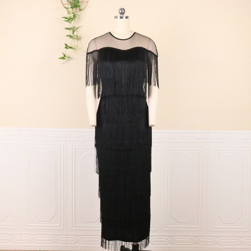 Women's Clothing Stitched multi layer tassel high waist and hip black S 4XL plus size women's dress party dresses_voghion.com