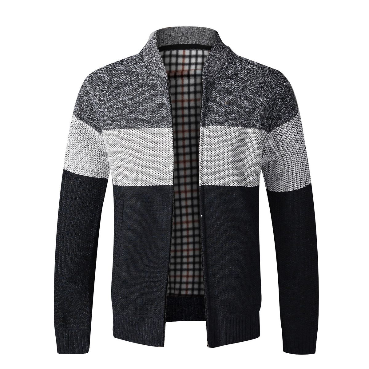 New Fashion Men Autumn Winter Stand Collar Knit inner Fleece Color Matching Zipper Outdoor Cardigan Casual Tops Coat_voghion.com