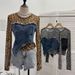 Damenbekleidung Real Shot Fashion Leopardenmuster Perspektive Hot Girl Mesh Splicing Denim Unregelmäßiges Bottoming Shirt Kurzes Top_voghion.com