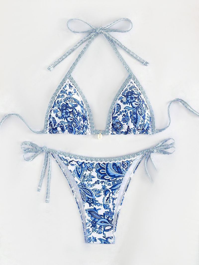 Damenbekleidung Blau-weißer Porzellandruck Schnürung Sexy Split Badeanzug Bikini_voghion.com